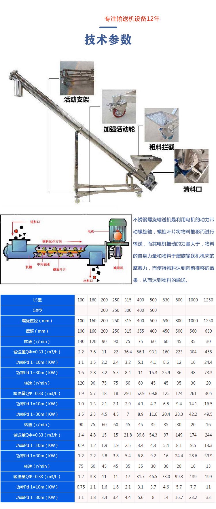 不銹鋼螺旋輸送機技術(shù)參數(shù)